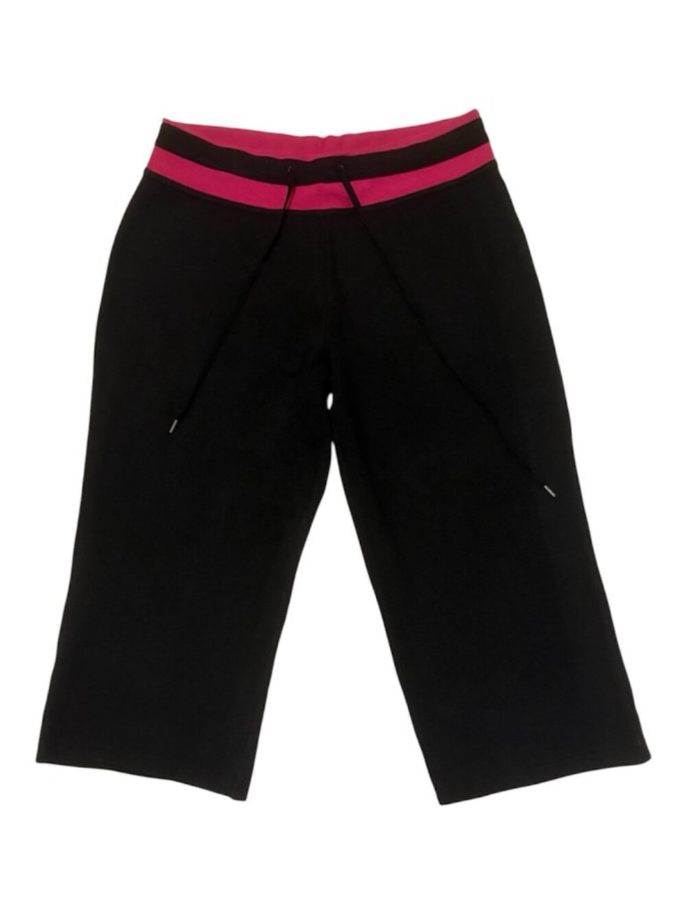 G.W. Sport Women's S Black Cotton Capri Pants Pink Striped Waistband Drawstring